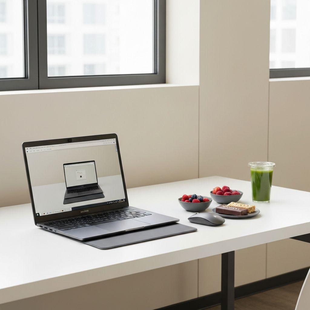 Werkplek met laptop en snacks